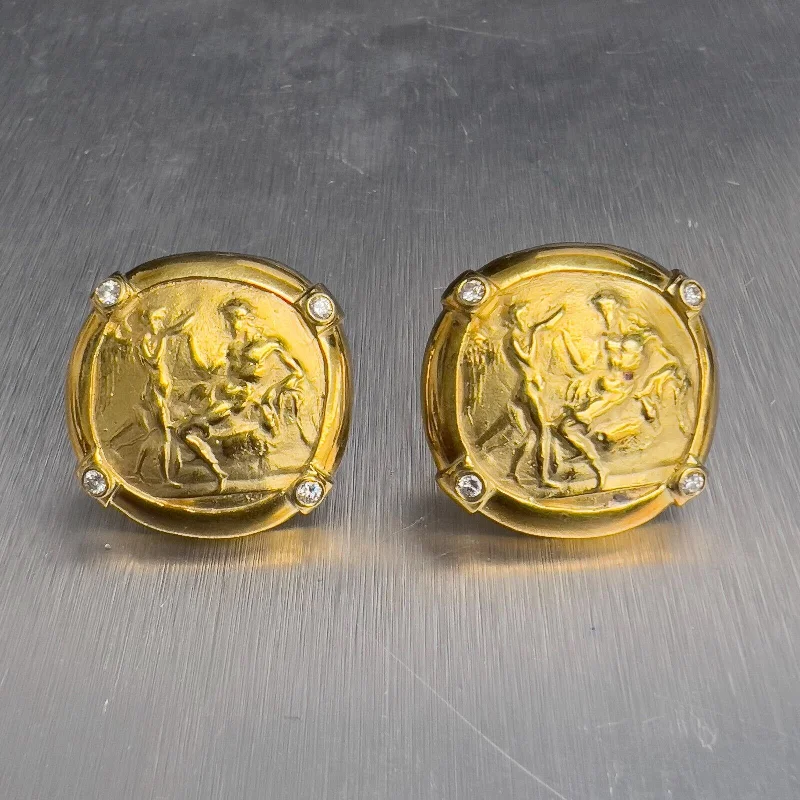 1980's Athena Greek Cameo 18k Yellow Gold Diamond Clip On Earrings 0.30ctw G VS