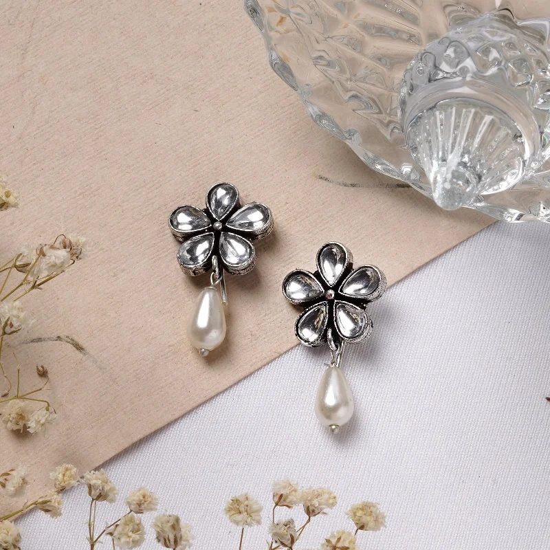 Amritaya Floral Polki Silver Oxidized Earrings