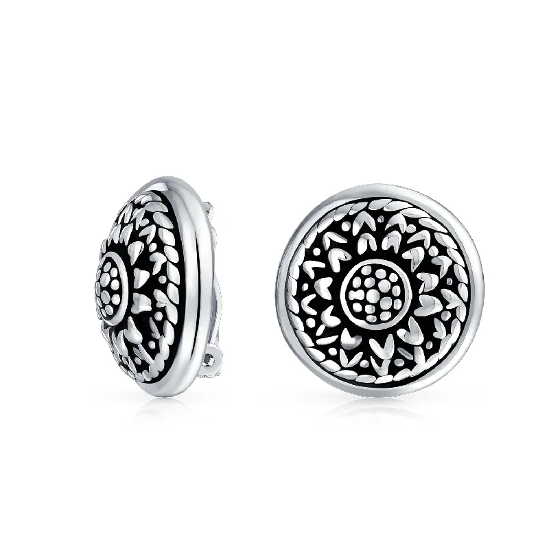 Bali Style Sunflower Medallion Clip-On Earrings in Oxidized Sterling Silver