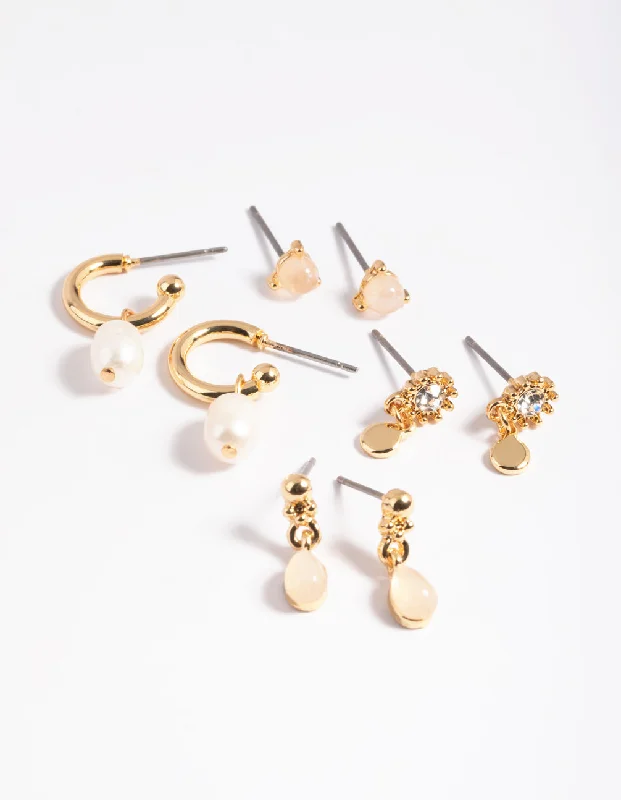 Gold Plated Rose Quartz & Freshwater Pearl Earring Stack 4-Pack