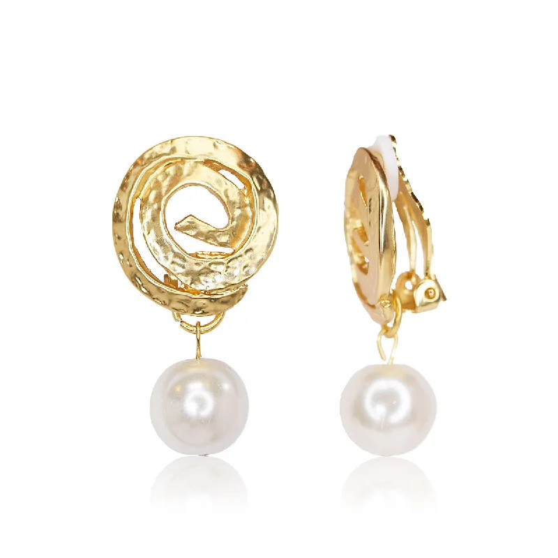 Spiral X Pearl Clip Earrings