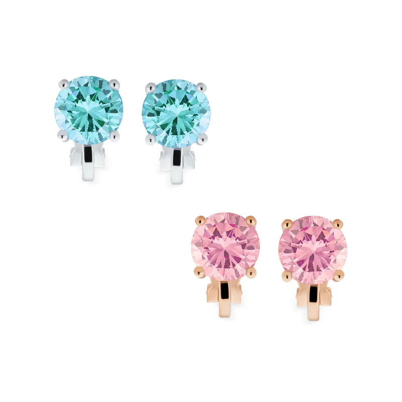 2CT Pastel Pink Aqua Blue CZ Clip-On Earrings Gold & Silver Plated Non-Piercing