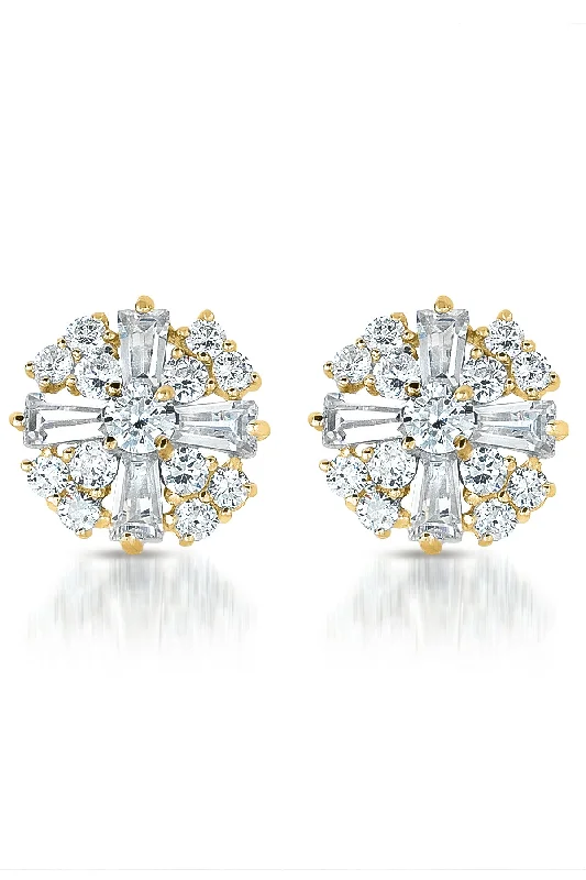 Cubic Zirconia Sterling Silver Rhodium Plated,14K Gold Plated Round Baguette Earrings