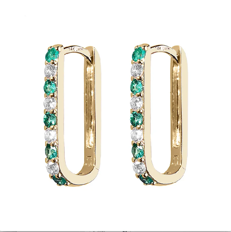 Diamond + Emerald Small Paperclip Hoop Earring