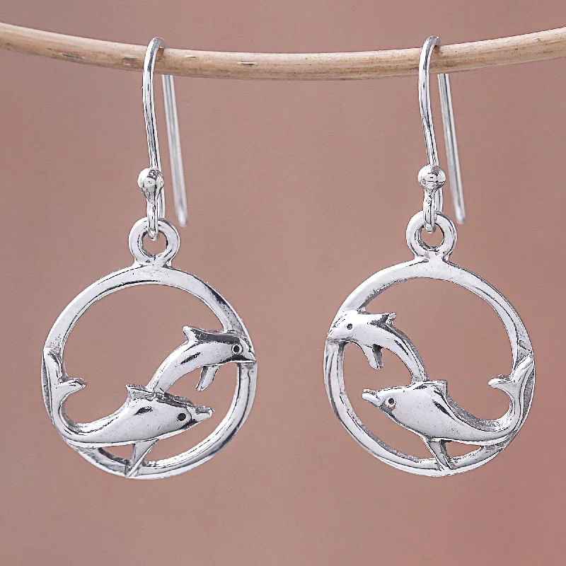 Dolphin Circle Sterling Silver Dolphin Dangle Earrings from Thailand