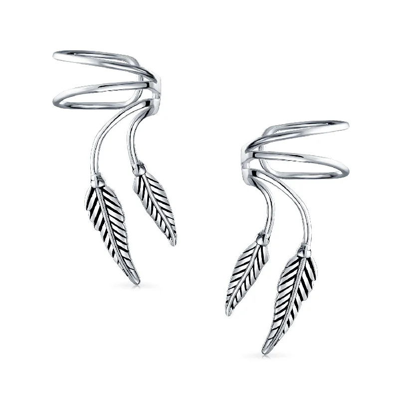 Double Leaf Feather Ear Cuff Cartilage Clip Wrap Earrings Non-Pierced Sterling Silver