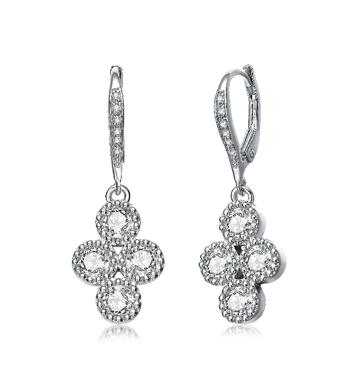 GENEVIVE Sterling Silver Cubic Zirconia Flower Dangling Earrings