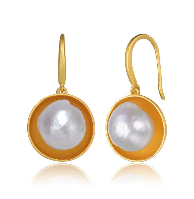 GENEVIVE Sterling Silver Gold Plated Freshwater Pearl Hook Earrings