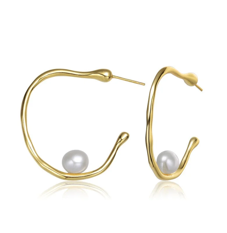 GENEVIVE Sterling Silver Gold Plated Freshwater Pearl Hoop Earrings