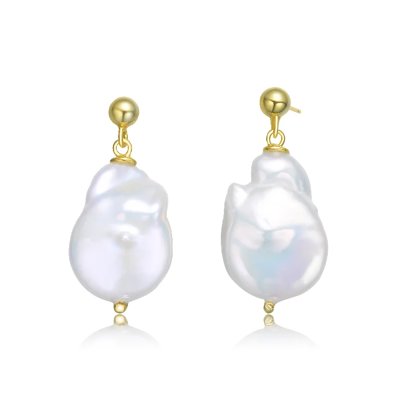 GENEVIVE Sterling Silver Gold Plating Freshwater Pearl Dangling Earrings