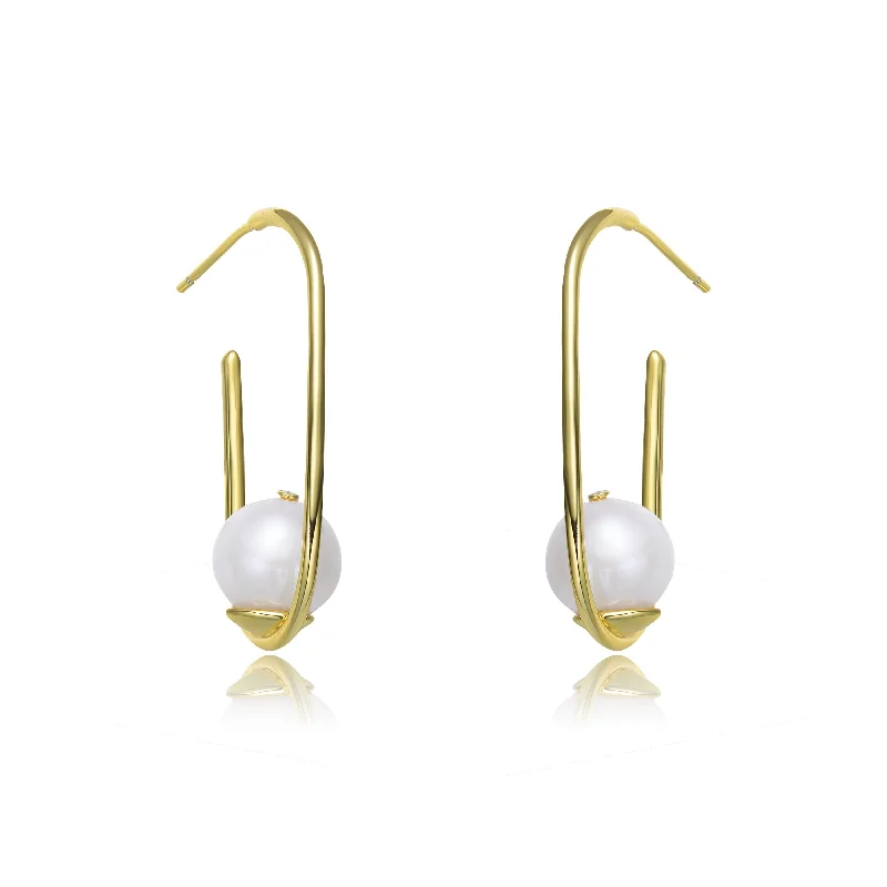 GENEVIVE Sterling Silver Gold Plating Freshwater Pearl Hoop Earrings