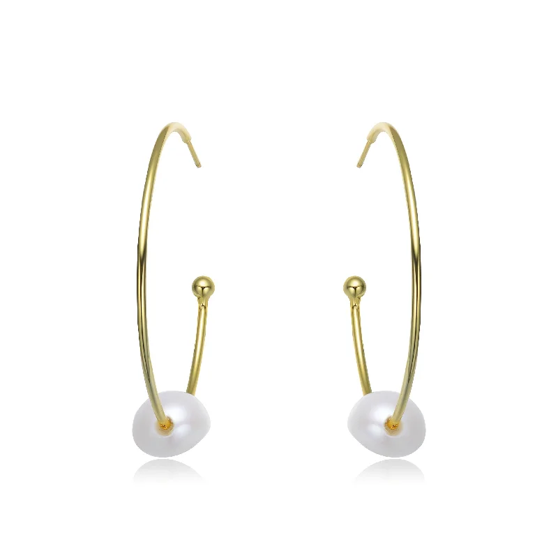 GENEVIVE Sterling Silver Gold Plating Freshwater Pearl Hoop Earrings