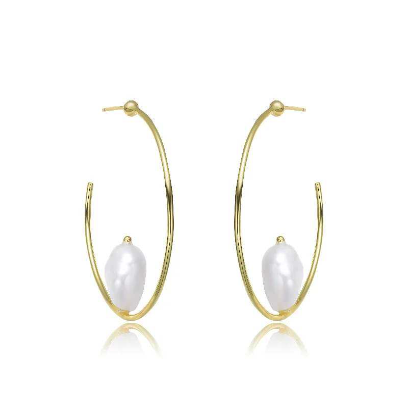 GENEVIVE Sterling Silver Gold Plating Freshwater Pearl Hoop Earrings