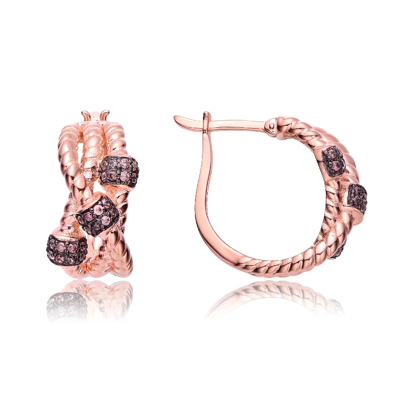 GENEVIVE Sterling Silver Rose Gold Plated Coffee Cubic Zirconia Hoop Earrings