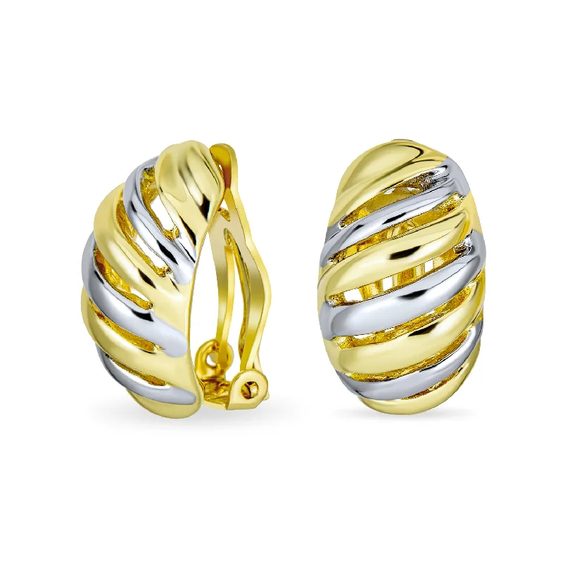 Geometric Grooved Twist Shrimp Half Hoop Clip-On Earrings Gold Silver Plated