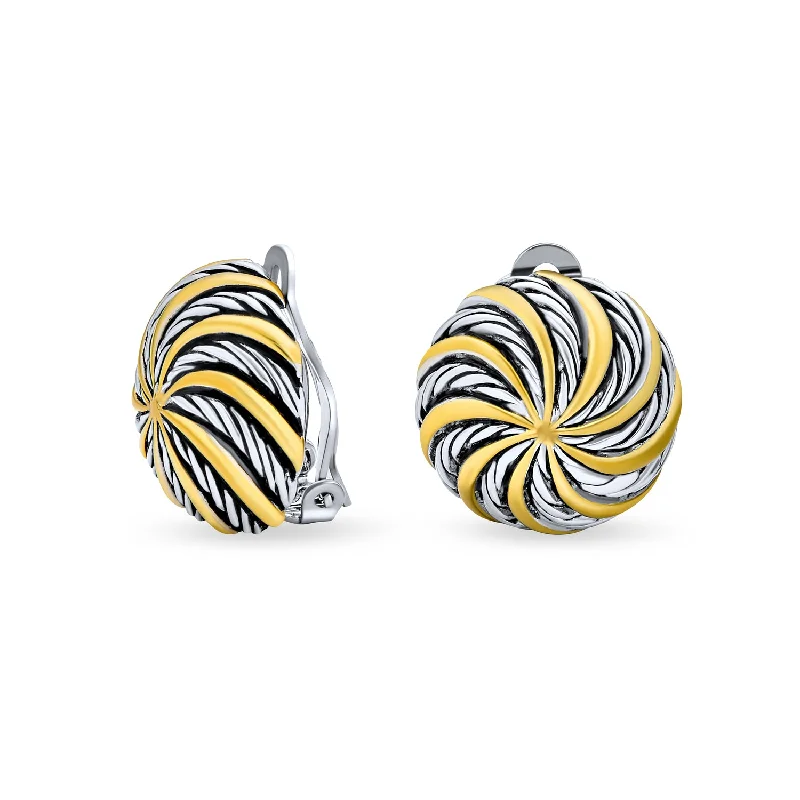 Geometric Swirl Clip-On Earrings Two-Tone Round Disc Non-Pierced Ears Black & Gold