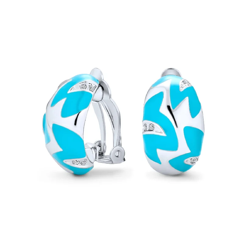 Geometric Turquoise Blue Zig Zag Half Hoop Clip-On Earrings Silver Plated Brass