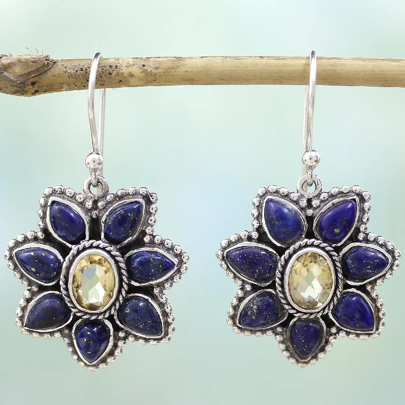 Geranium Blossoms Lapis Lazuli Citrine Floral Dangle Earrings from India