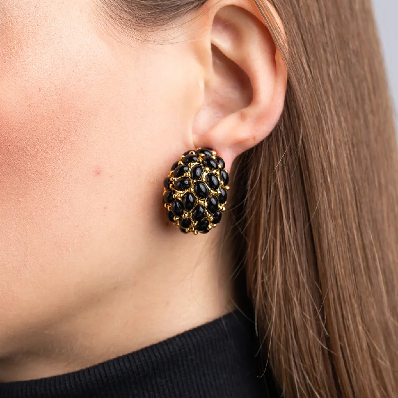 Gold and Black Cabochon Domed Hoop Clip Earrings