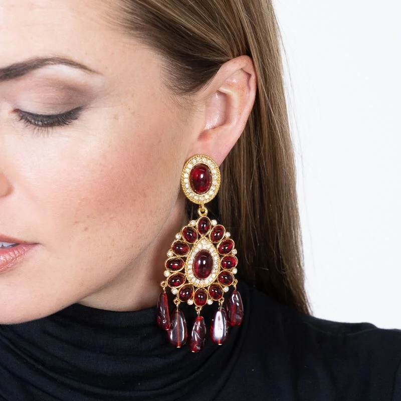 Gold & Ruby Drop Clip Earrings