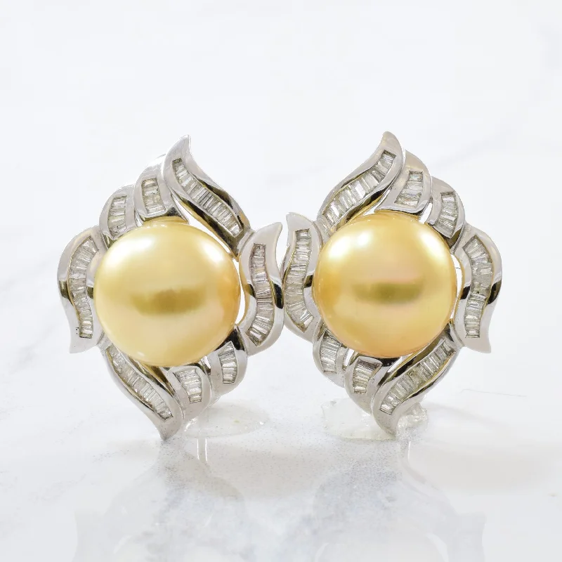 Golden Sea Pearl & Diamond French Clip Earrings | 1.40ctw |