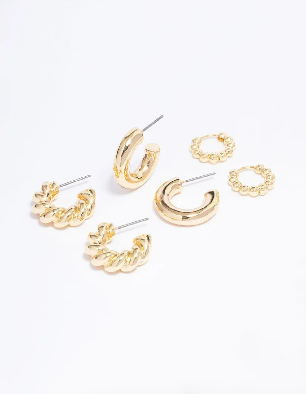 Gold Plated Small Textured Hoop Earring 3-Pack