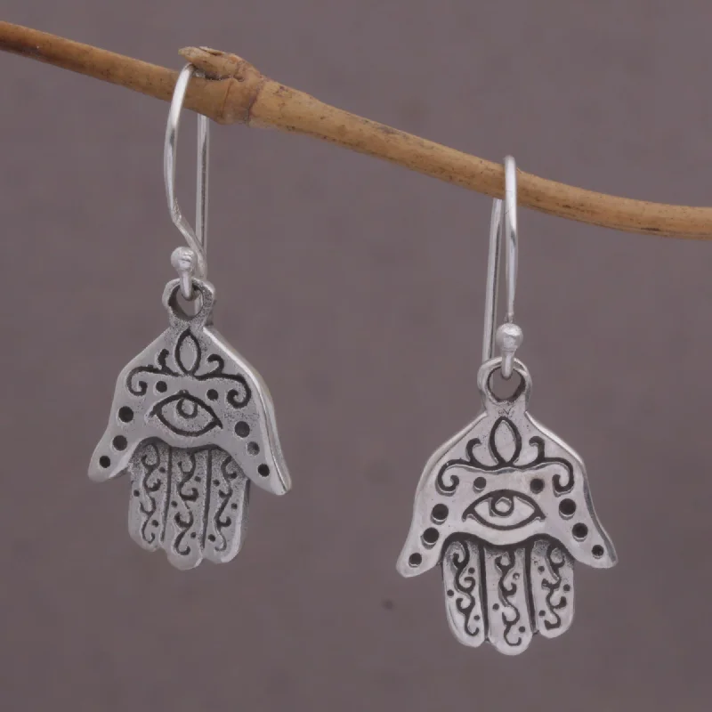 Hamsa Eyes Sterling Silver Hamsa Dangle Earrings from Bali