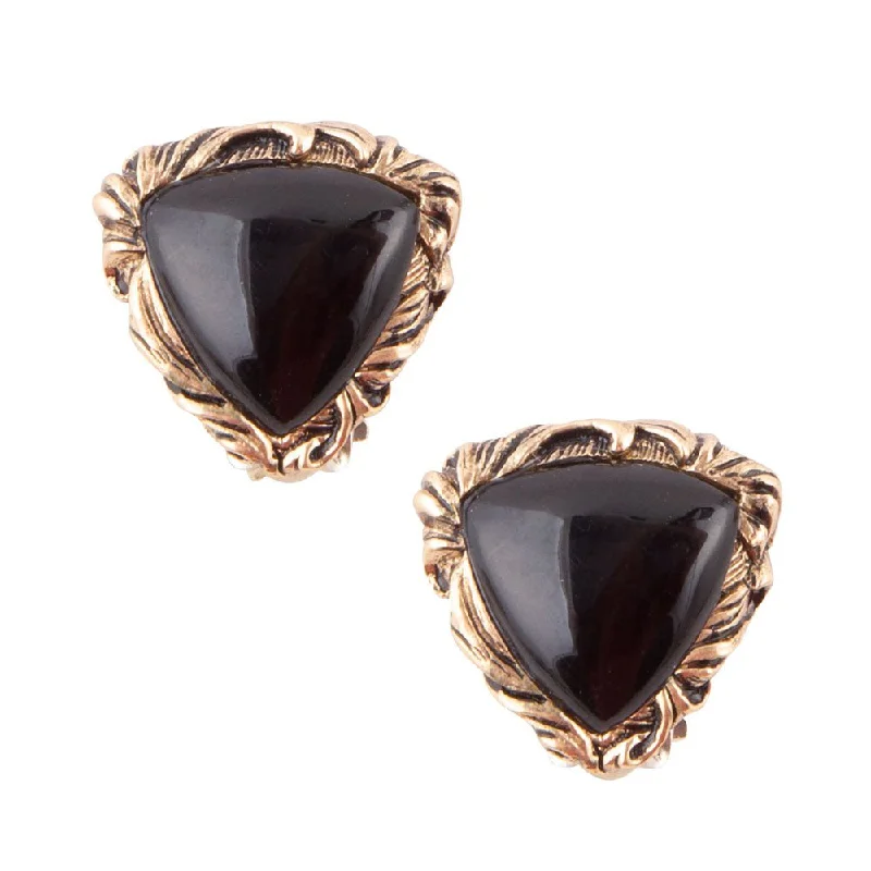 Jacquard Black Onyx Button Golden Clip Earrings