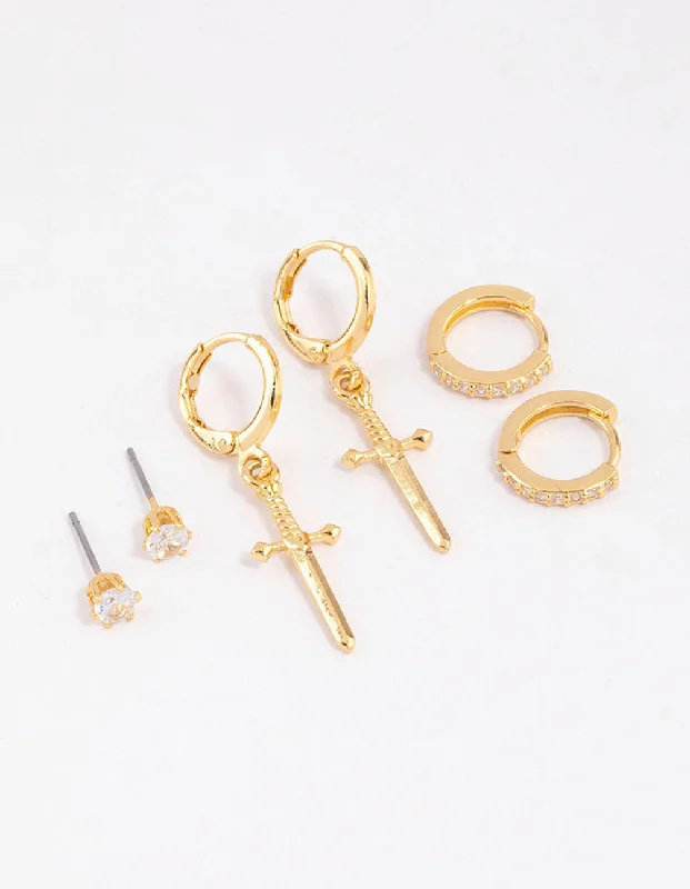 Gold Plated Cubic Zirconia Dagger Huggie Earrings Pack