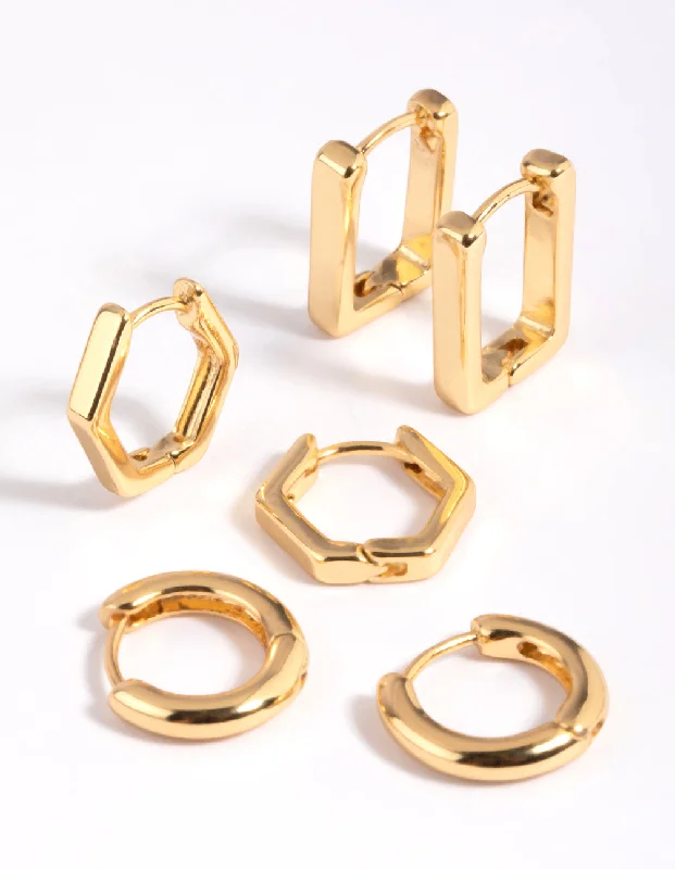 Gold Plated Hexagon Earring Stack 6-Pack