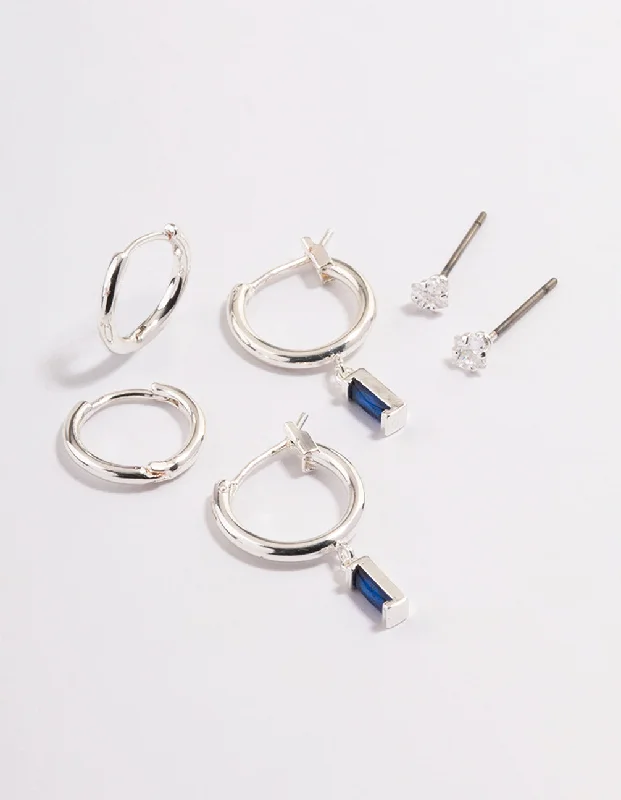 Silver Plated Cubic Zirconia Sapphire Cut Huggie Earrings 6-Pack