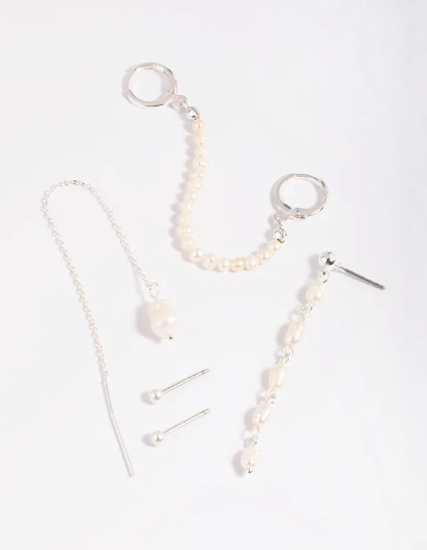 SIlver Plated Pearl Chain Earring Stack 6-Pack