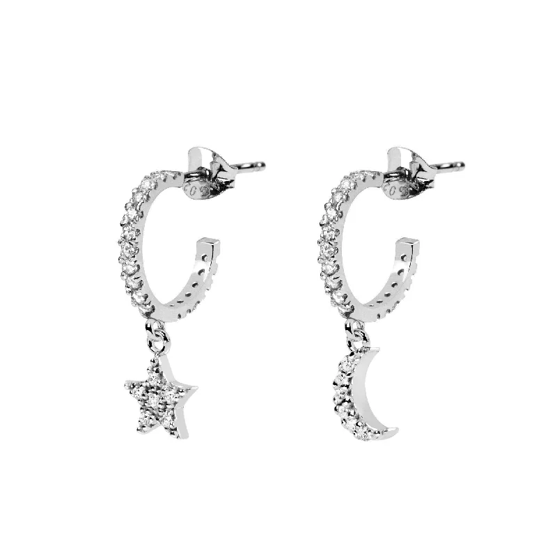 Moon & Star Spark Silver Hoop Earrings