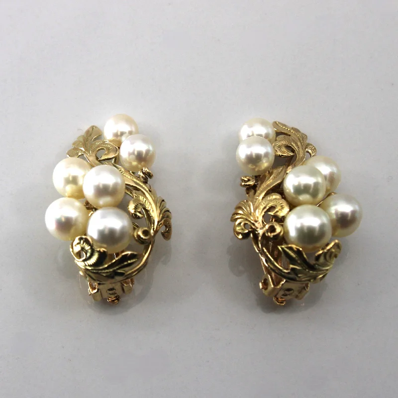 Multi Pearl Floral Gold Clip Earrings