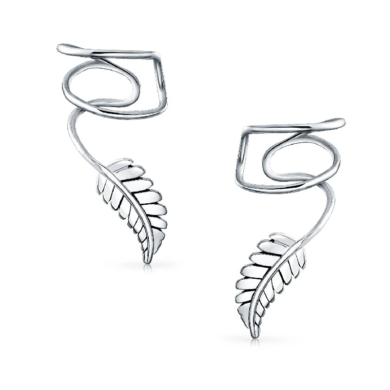 Nature Leaf Feather Ear Cuff Cartilage Clip Wrap Earrings Sterling Silver Non-Pierced