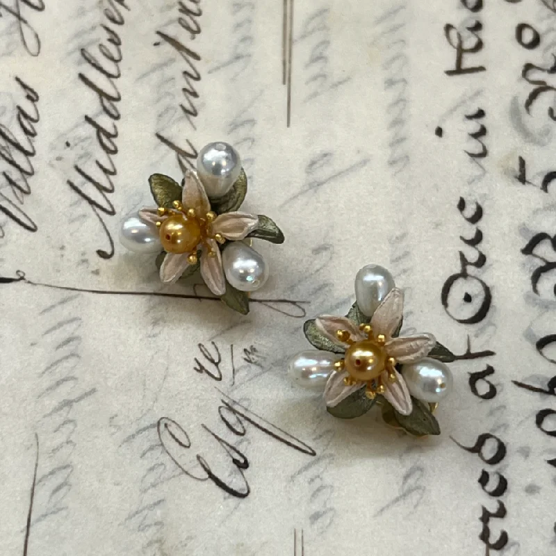 Orange Blossom Flower Button Clip-On Earrings