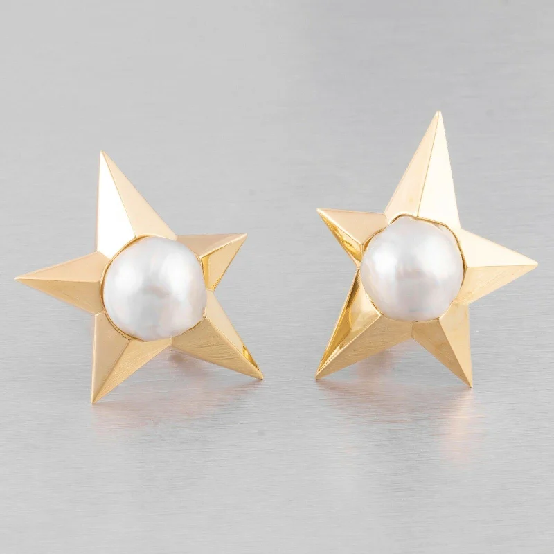 Pedro Boregaard 18k Yellow Gold Pearl Moon & Star Clip-on Earrings RETAIL $9,900