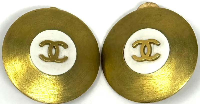 Pre-Loved Vintage Button Clip Earrings 1994 In Brass & Cream