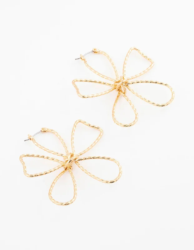 Gold Plated Textured Wire Flower Statement Earrings