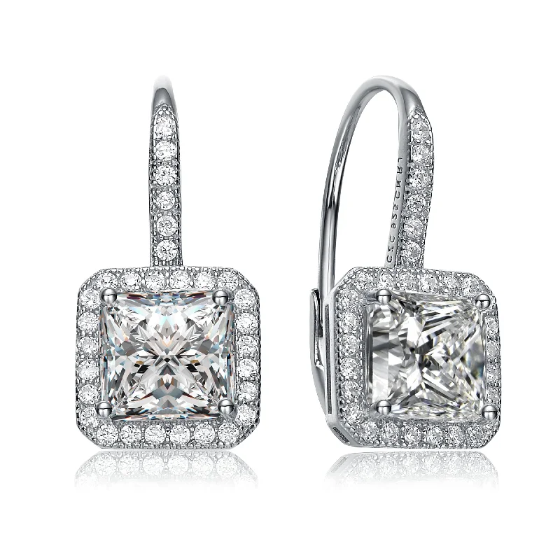 Ra White Gold Plated Cubic Zirconia Halo Leverback Earrings