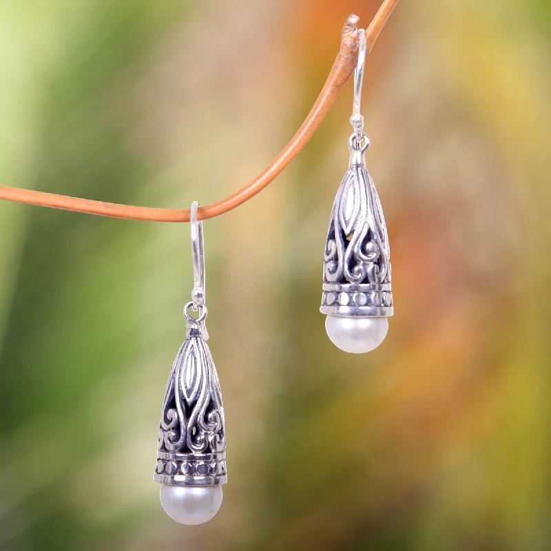 Radiant Lotus Bud Ornate Balinese Silver and Cultured Pearl Earrings