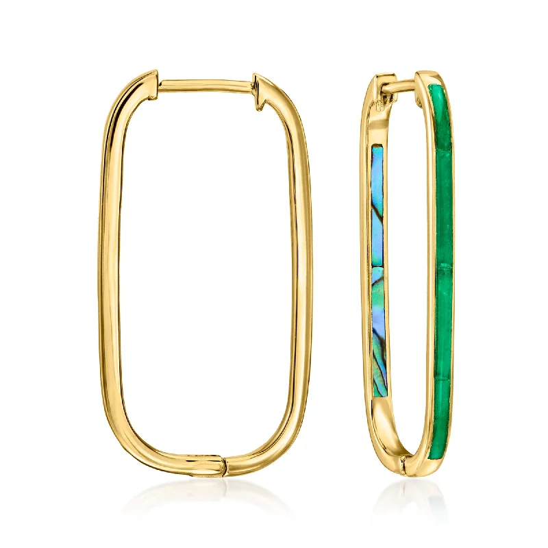 Ross-Simons Green Agate and Green Abalone Shell Inside-Outside Paper Clip Link Hoop Earrings in 18kt Gold Over Sterling