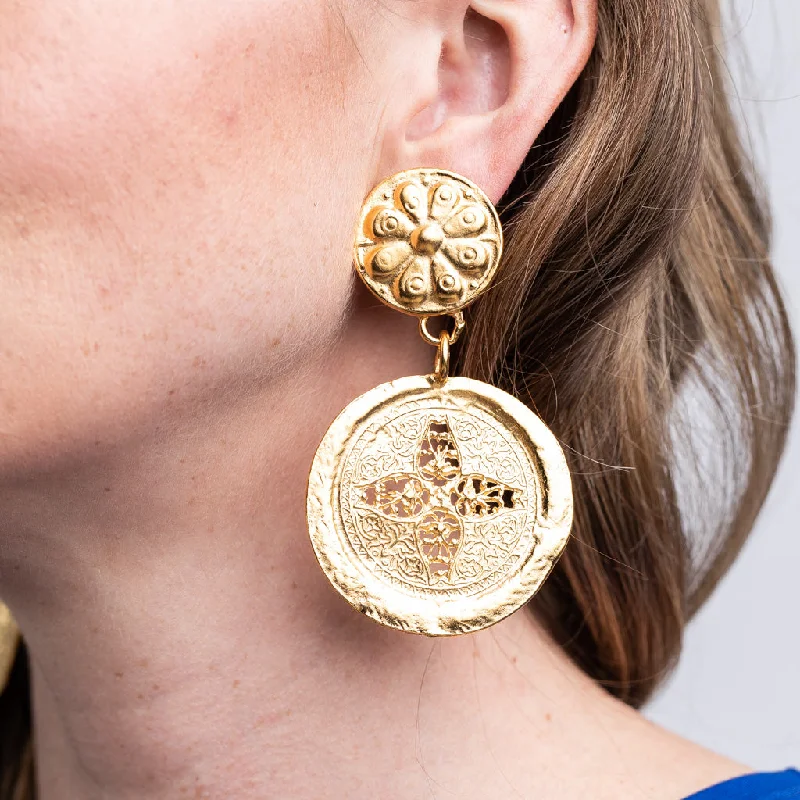 Satin Gold Coin Drop Clip Earrings