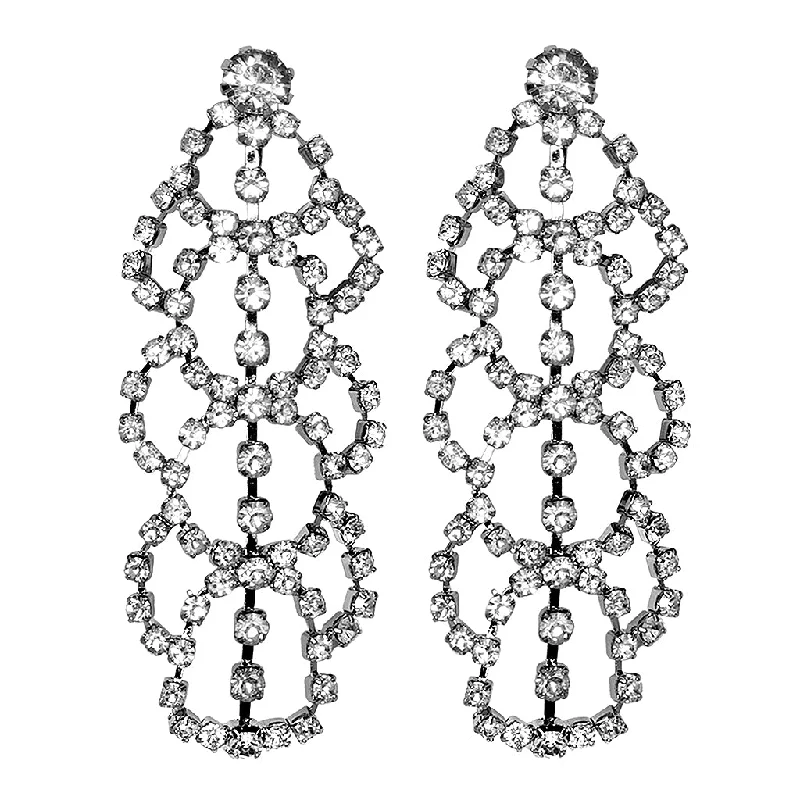 Silver Crystal Lace Drop Clip Earrings