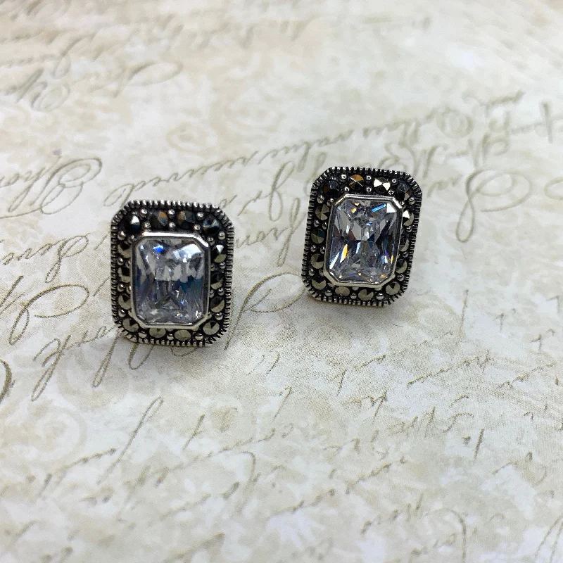 Silver Marcasite Clear Crystal  Earrings Square Studs Diamante