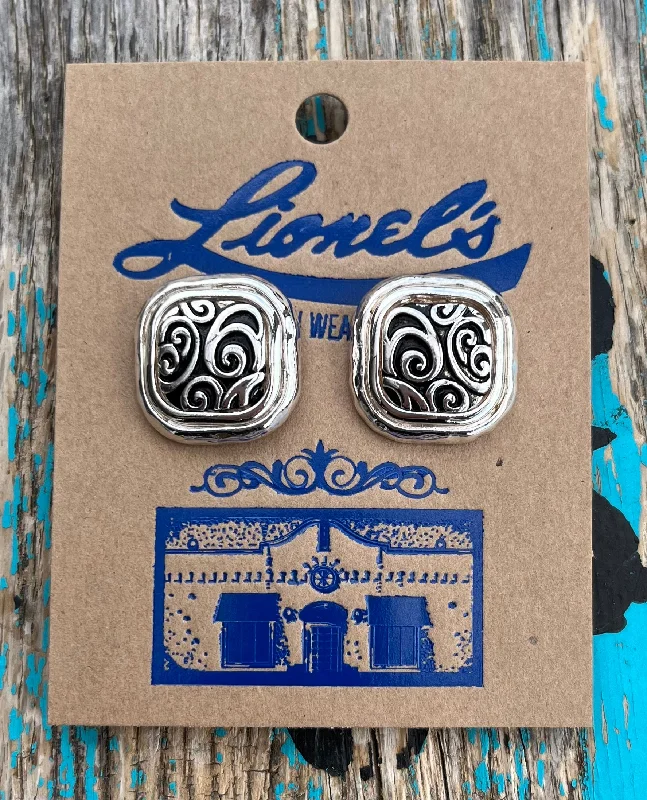 Silver Square Concho CLIP Earrings