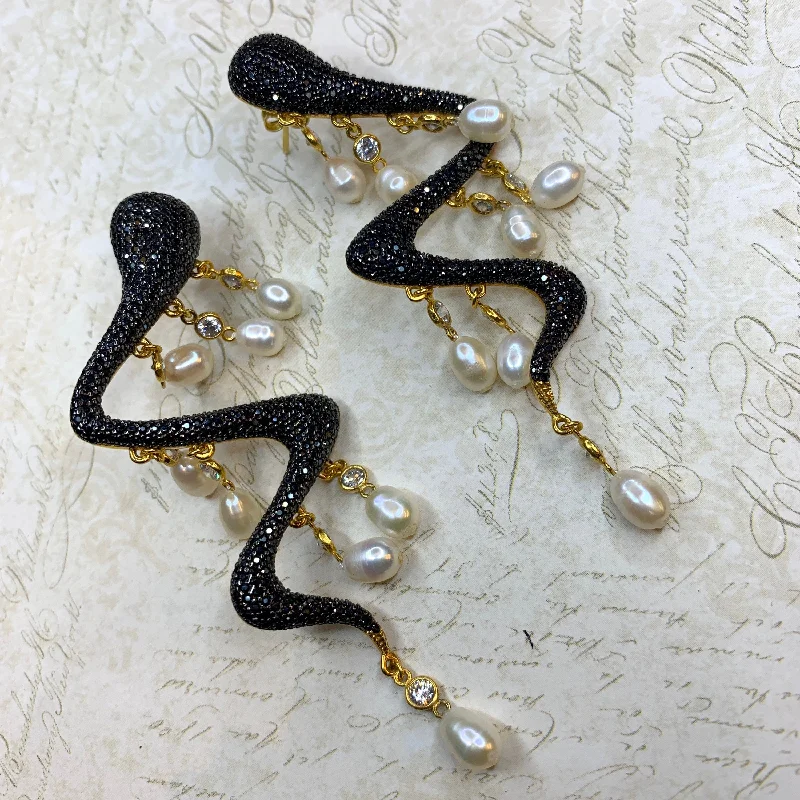 Snake Pearl Statement Earrings Black Crystal