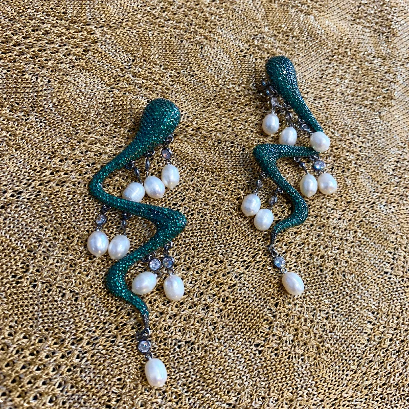 Snake Pearl Statement Earrings Emerald Green