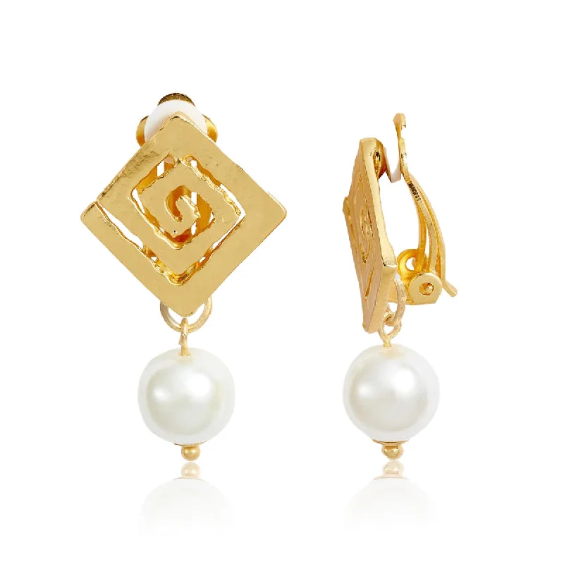 Square Spiral X Pearl Clip Earrings