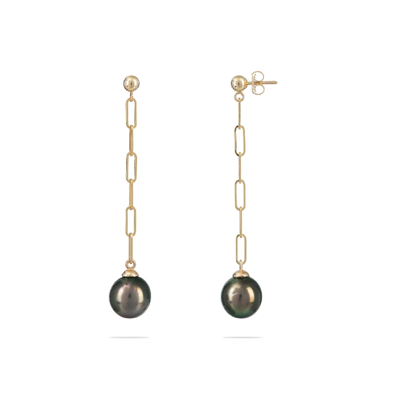 Tahitian Black Pearl Paperclip Chain Earrings in Gold - 9-10mm